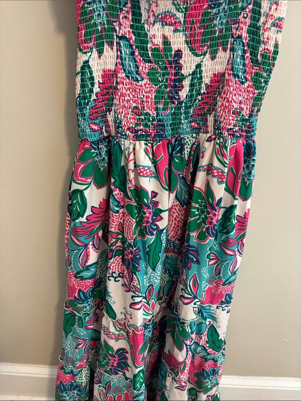 MELLODAY Smocked Tiered Maxi Dress M Medium Pink Blue Floral Ruffle Cap Sleeve